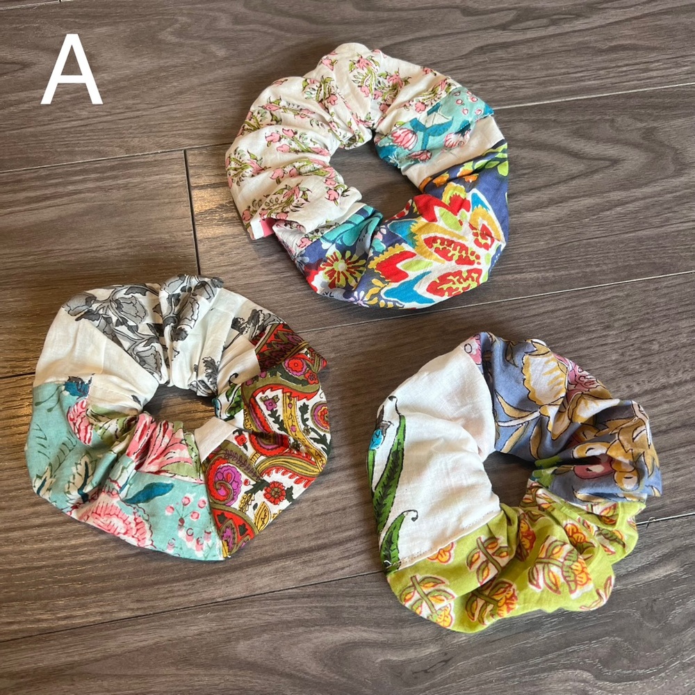 3-Pack Jaipur Scrunchies | Handmade Patchwork Block Print Cotton